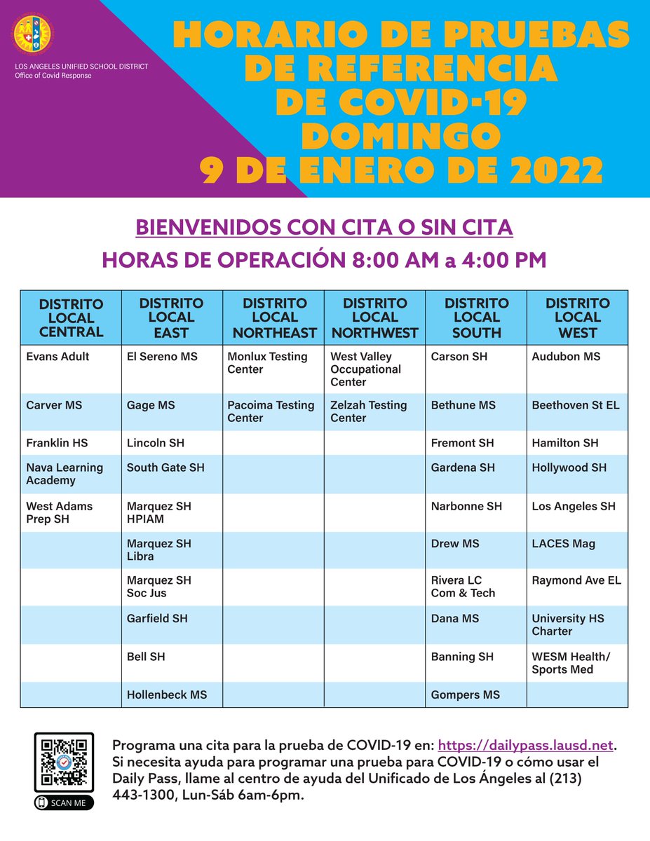 LASchools's tweet photo. HORARIO DE PRUEBAS DE REFERENCIA DE COVID-19 DOMINGO 9 DE ENERO DE 2022
➡️ BIENVENIDOS CON CITA O SIN CITA https://t.co/7xTIoxysqG