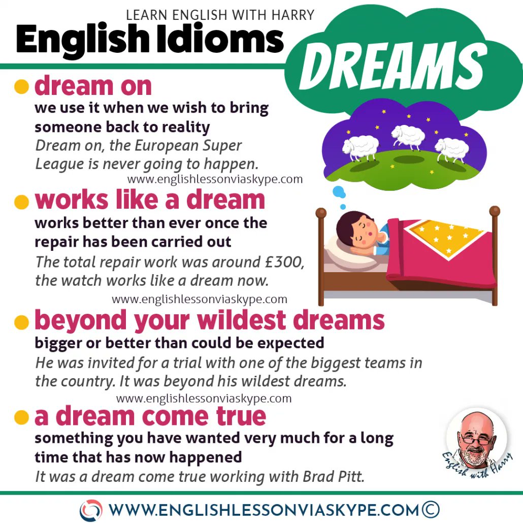 ENGLISH IDIOMS: Here are some English expressions related to dreams. Learn more ➡➡ bit.ly/3kW7GUF @englishvskype #LearnEnglish #Vocab #englishlanguage #ingles #englishlearning #englishphrases