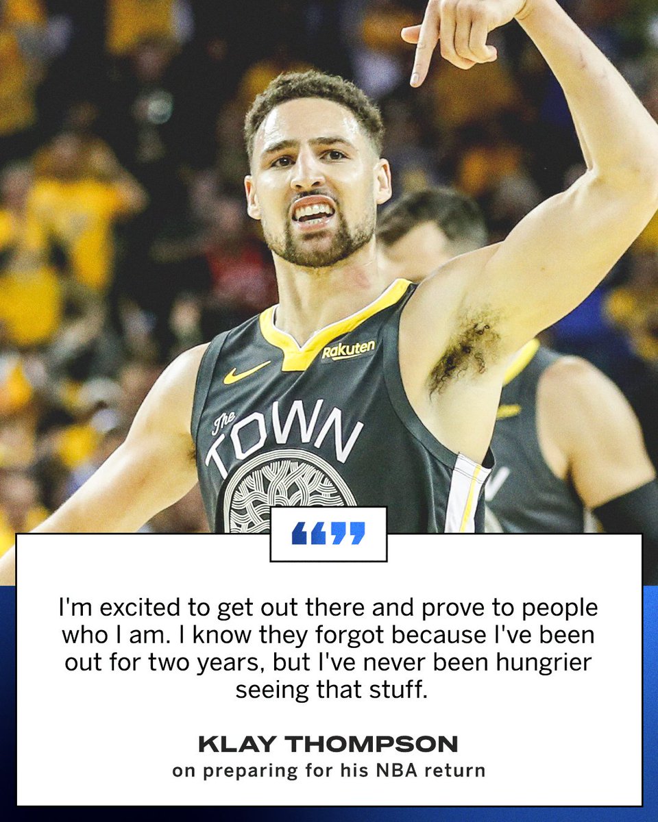 espn's tweet photo. After more than two years away from the game, and with a chip on his shoulder, Klay is ready to be back 💪

@NickFriedell has more: https://t.co/hkw9q26C2B https://t.co/QpDTPgQwDD
