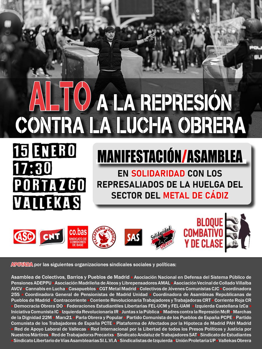 CombativoBloque's tweet photo. El #15Ene decenas de organizaciones sindicales, sociales y políticas llamamos a la solidaridad de clase contra la REPRESIÓN

🟥Ven a la Manifestación Asamblea‼️
📢Sólo la lucha obrera organizada consigue conquistar derechos y libertades
#MarlascaDimision
https://t.co/LB8f5jL1ti https://t.co/lKCRVW0hxg