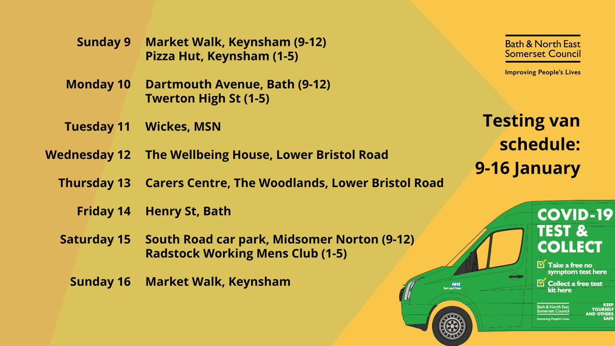 bathnes's tweet photo. Our testing van will be back out on the road tomorrow, handing out test kits to those who need them.

There's an unprecedented national demand for lateral flow tests at the moment, so please bear with our staff as they get these tests out to people.

https://t.co/31ARFVFGSC https://t.co/egPN16HOkx