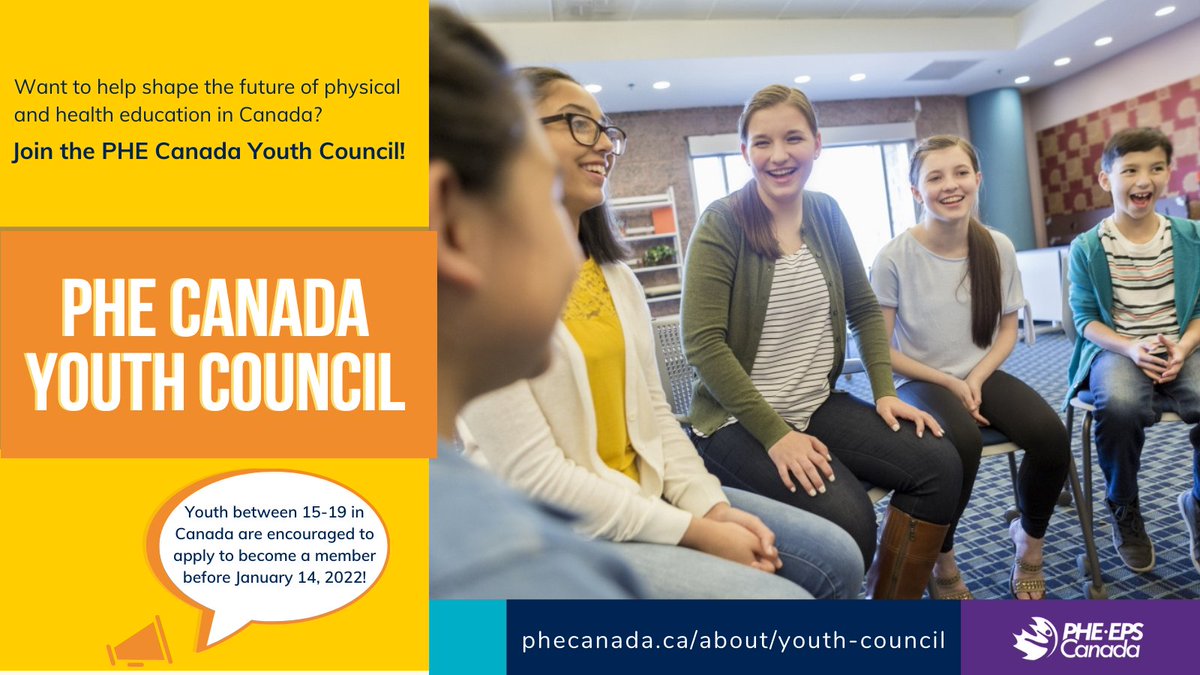 Help spread the word to students aged 15-19 in Canada! The <a href="/PHECanada/">PHE Canada | EPS Canada</a> Youth Council is recruiting new members. This is a great opportunity to develop leadership skills while receiving community service credits. Apply by January 14, 2022. bit.ly/3deTjWL