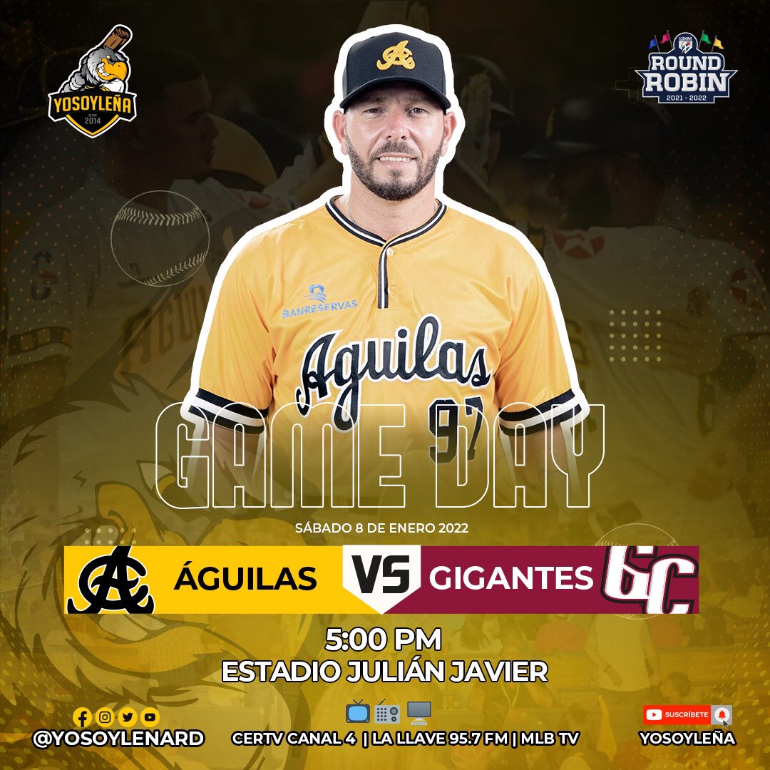 YoSoyLenaRD's tweet photo. G A M E D A Y
Los Campeones Nacionales y del Caribe, @aguilascibaenas visitan esta tarde a @Gigantes_Cibao
⌚️ 5:00 PM
🏟 Estadio Julian Javier
📺 CERTV Canal 4
📻 La Llave 95.7 FM
💻 MLB TV
#YoSoyLeña #ACvsGC #LIDOM #EquipoGrade #YoSoyLeña https://t.co/ggmbxn04Hb