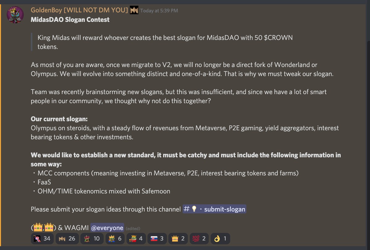 King Midas has launched a contest to find the best slogan for #MidasDAO

You can win 50 $CROWN

To participate, join our Discord
discord.gg/midasdao

#Avax #OHMforks #ohmfork $OHM $TIME $BTRFLY $NMS $JADE $TOMB #Metaverse #P2EGaming #FaaS #MCC $MCC #SAFEMOON #passiveincome
