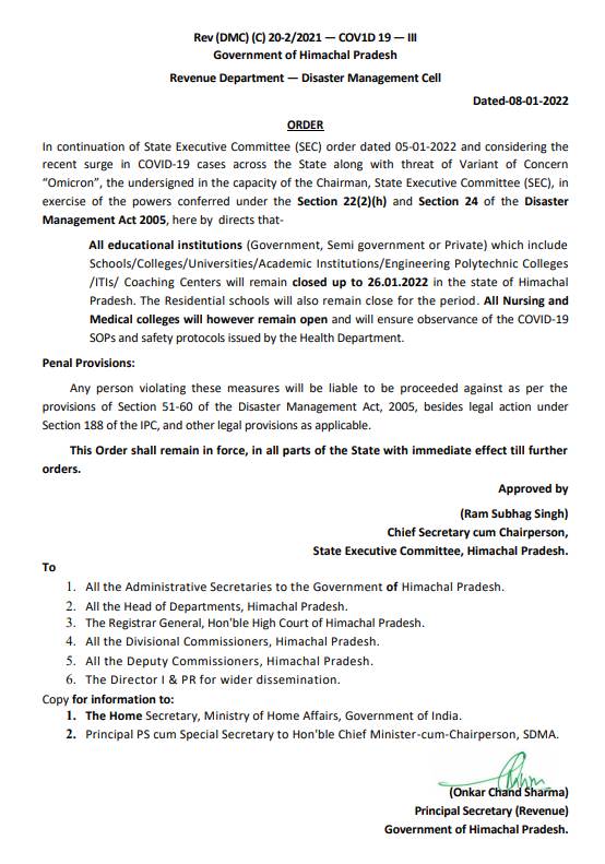 timesofindia's tweet photo. #Omicron: All educational institutes to remain closed in Himachal Pradesh till January 26, as per State Govt order

"All nursing and medical colleges will, however, remain open," it reads https://t.co/5yajr4H52h