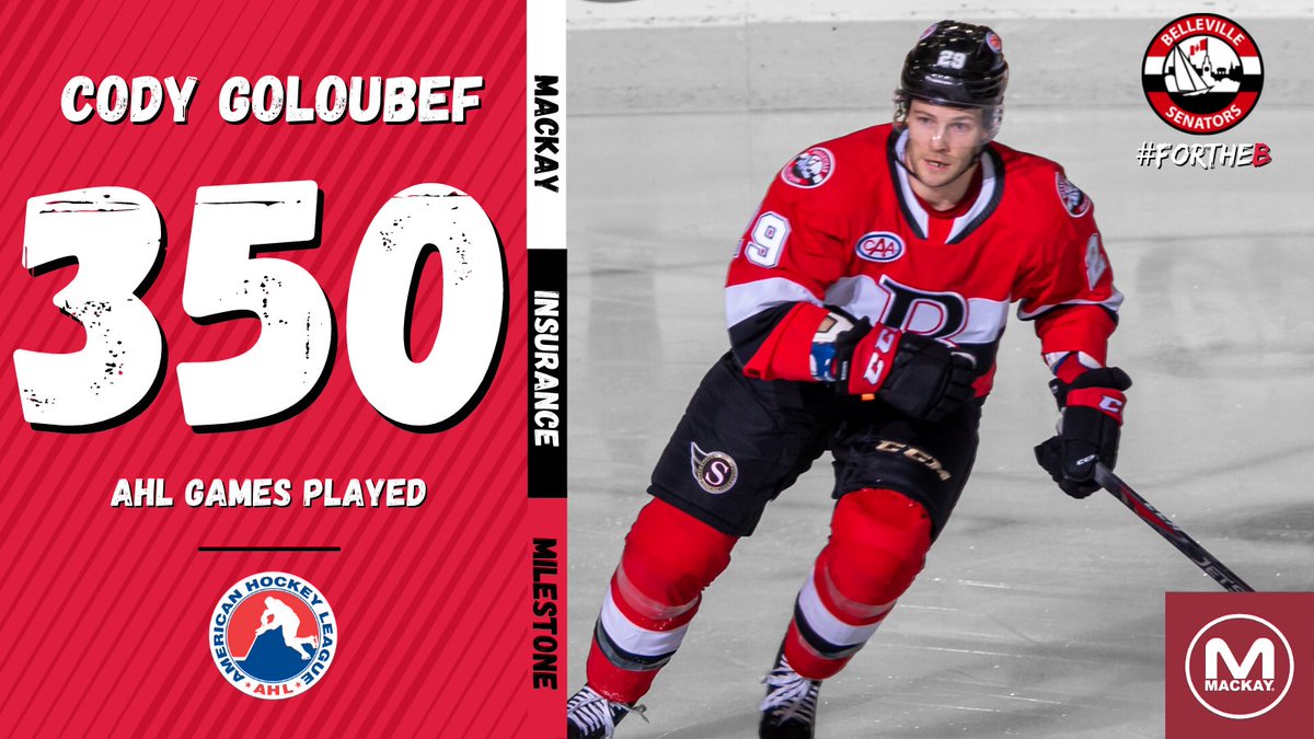 Congrats to #BellevilleSens defender <a href="/CodyGoloubef27/">Cody Goloubef</a> who is playing in his 350th career <a href="/TheAHL/">American Hockey League</a> game tonight! #ForTheB

Presented by: <a href="/mackayinsurance/">mackayinsurance</a>