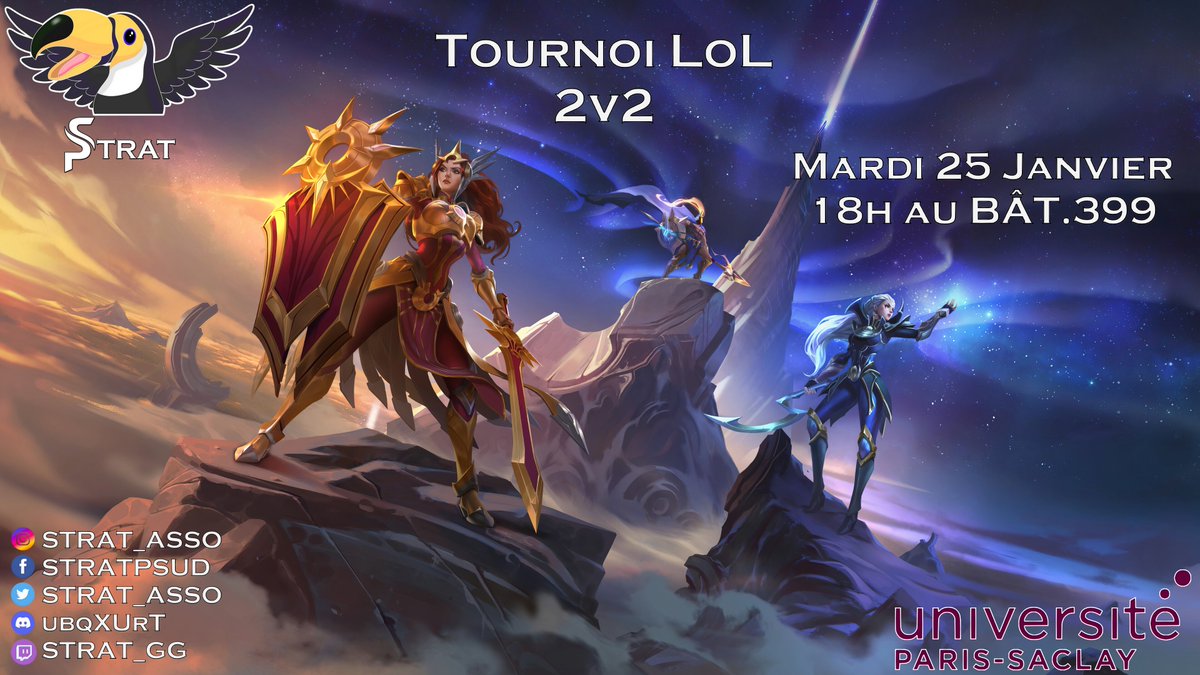 STRAT_Asso's tweet photo. Bonsoir! 
Tout d'abord, nous vous présentons tous nos vœux pour la nouvelle année.

STRAT organise un tournoi 2 contre 2 sur League of Legends le Mardi 25 Janvier à la MAPS (Bâtiment 399).

⚠️ Le pass vaccinal est obligatoire pour participer à l'événement⚠️ https://t.co/UtEuoF8MXJ