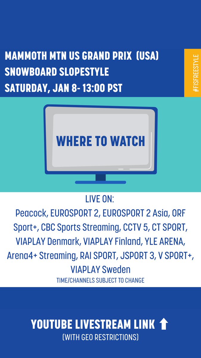 fissnowboard's tweet photo. Slopestyle finals @MammothMountain livestream (with geo restrictions) - https://t.co/o5IPYw3CyN
Livescoring - https://t.co/wkFxgYigFa
#fissnowboard #mammothgp https://t.co/6z7nWVpJz1