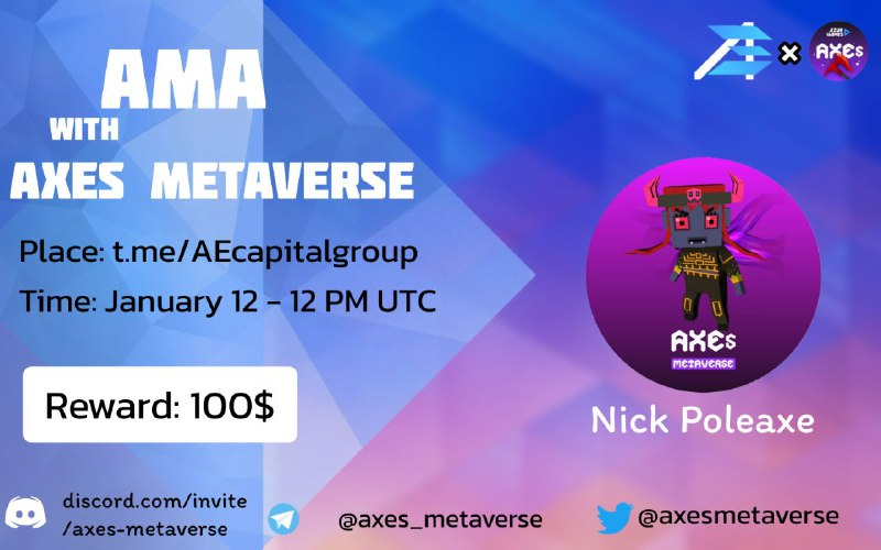 AEcapitalt's tweet photo. 🔥 AE Capital will Host the #AMA with @axesmetaverse

💰 Reward pool: $100 
👉 Venue: https://t.co/2pjphZFsjT
⏰ Date &amp; time: 12 January at 12 PM UTC | 7 PM GTM+7

Follow Twitter:
@AEcapitalt &amp; @axesmetaverse

Like + Retweet, Ask Question on Comment. ( Max 5 question ) https://t.co/D1KVdXZeEz