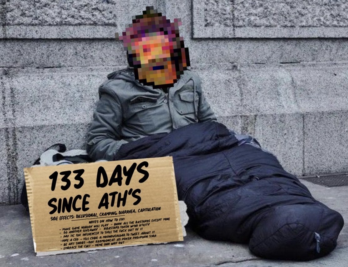 Bitsoshi's tweet photo. 133 DAYS SINCE ATH.

#BGAN punks will meme themselves out of poverty 😆 https://t.co/XskCxZhPRZ