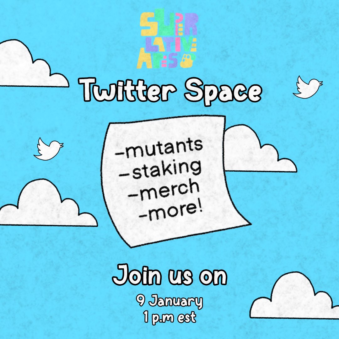 LETS GO! @SuperlativeApes is hosting their first Twitter Space this Sunday!🌈🐵

To celebrate I’m giving away 1 Superlative Ape NFT!🥳

-Must be following @SuperlativeApes 
-❤️ &amp; RT
-Tag 2 friends &amp; #SlapeSpace

WINNER CHOSEN SUNDAY LIVE IN THE TWITTER SPACE🔥 

#NFTGiveaway