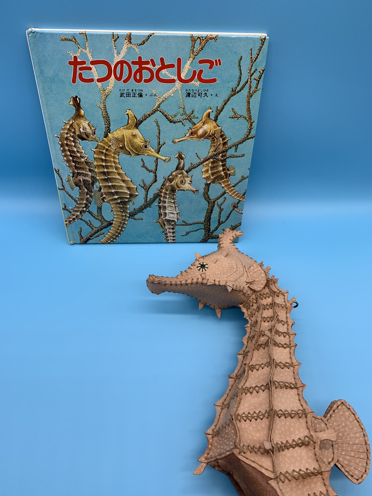 あまのじゃくとへそまがり 参考 新日本動物植物えほん たつのおとしご 武田正倫 文 渡辺可久 絵 新日本出版社 1987 仕様 背中にファスナー 育児嚢はゴム紐で巾着のように開閉 頭部の回転カンと尾部の真鍮環でストラップ取り付け
