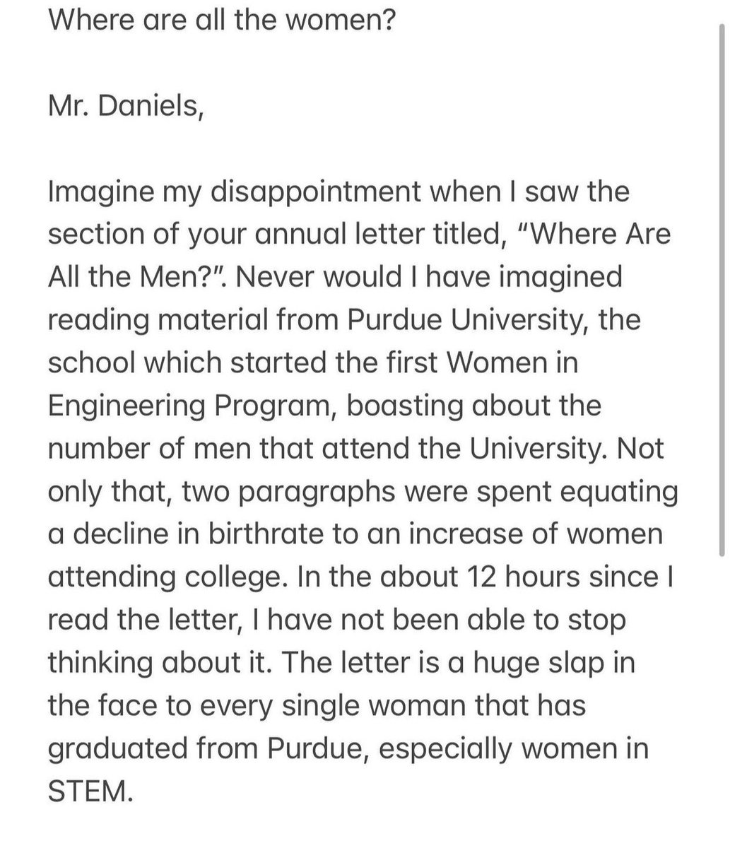 sarah_reaves's tweet photo. my open letter to @LifeAtPurdue &amp; Mitch Daniels after the incredibly misogynistic section of his annual letter titled: “Where Are All the Men?” https://t.co/Trnah2PRlm