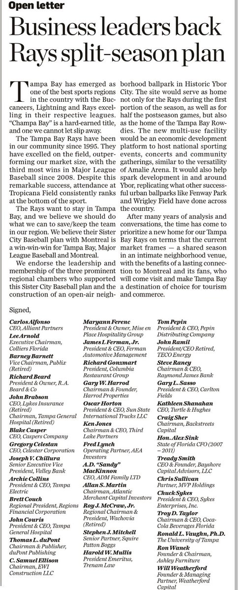 In today’s ⁦<a href="/TB_Times/">Tampa Bay Times</a>⁩, nearly 40 Tampa Bay Area business leaders endorse #Rays Montreal split-season plan as a “win-win-win” for all parties and push to prioritize a new Ybor City home for the team “on terms that the current market frames.”