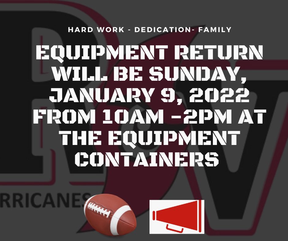 Last equipment return will be TOMORROW 1/9/22 from 10-2 PM at the equipment containers: All equipment must be returned before or on this date or a $20 late fee will be applied!