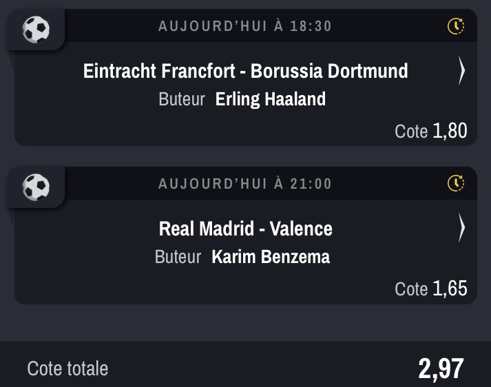 RayZenPronos's tweet photo. PRONO BUTEUR🎯

🇳🇴Erling Haaland ( 1,80 )
🇫🇷Karim Benzema ( 1,65 )

Cote totale : ( 2,97 )🍀

#TeamParieur #TeamParieurs https://t.co/8jSvsnzY9j