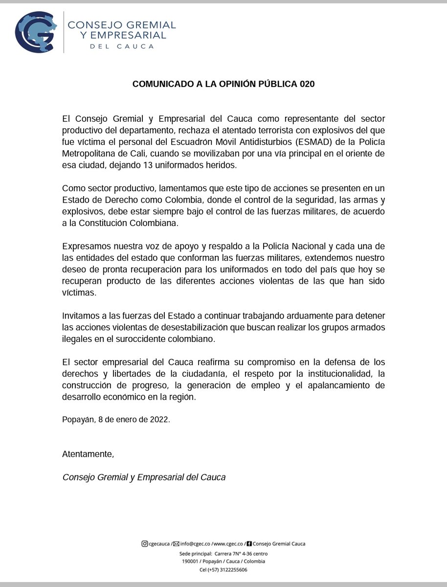 Comunicado del CGEC sobre el atentado terrorista contra la Policía Nacional - ESMAD, el cual deploramos y rechazamos enérgicamente. Nuestra solidaridad con la institución. <a href="/PoliciaColombia/">Policía de Colombia</a> <a href="/infopresidencia/">Presidencia Colombia 🇨🇴</a> <a href="/mindefensa/">Mindefensa</a> <a href="/IvanDuque/">Iván Duque 🇨🇴</a>