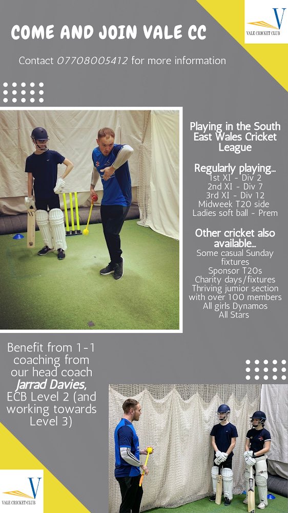 Want/need a new place to play cricket for the 2022 season? Why not give us a shout 📣 We have excellent on and off field facilities, an ECB Level 2 coach, a growing base of volunteers, a thriving junior section and a competitive yet fun men and ladies section #letsgovale 🏏💪