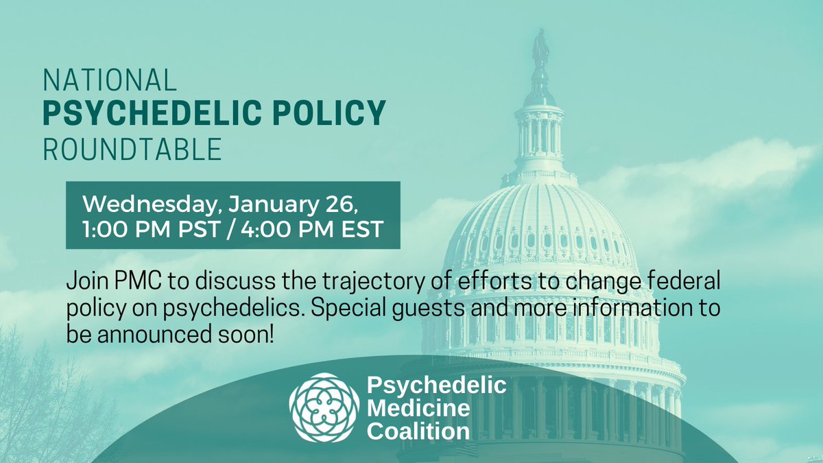 Please join us (virtually) on Wednesday, January 26th, for our first ever National Psychedelic Policy Roundtable!

Register online to receive the link to view the virtual event at 1:00PM PST / 4:00 PM EST on 1/26:
eventbrite.com/e/national-psy…