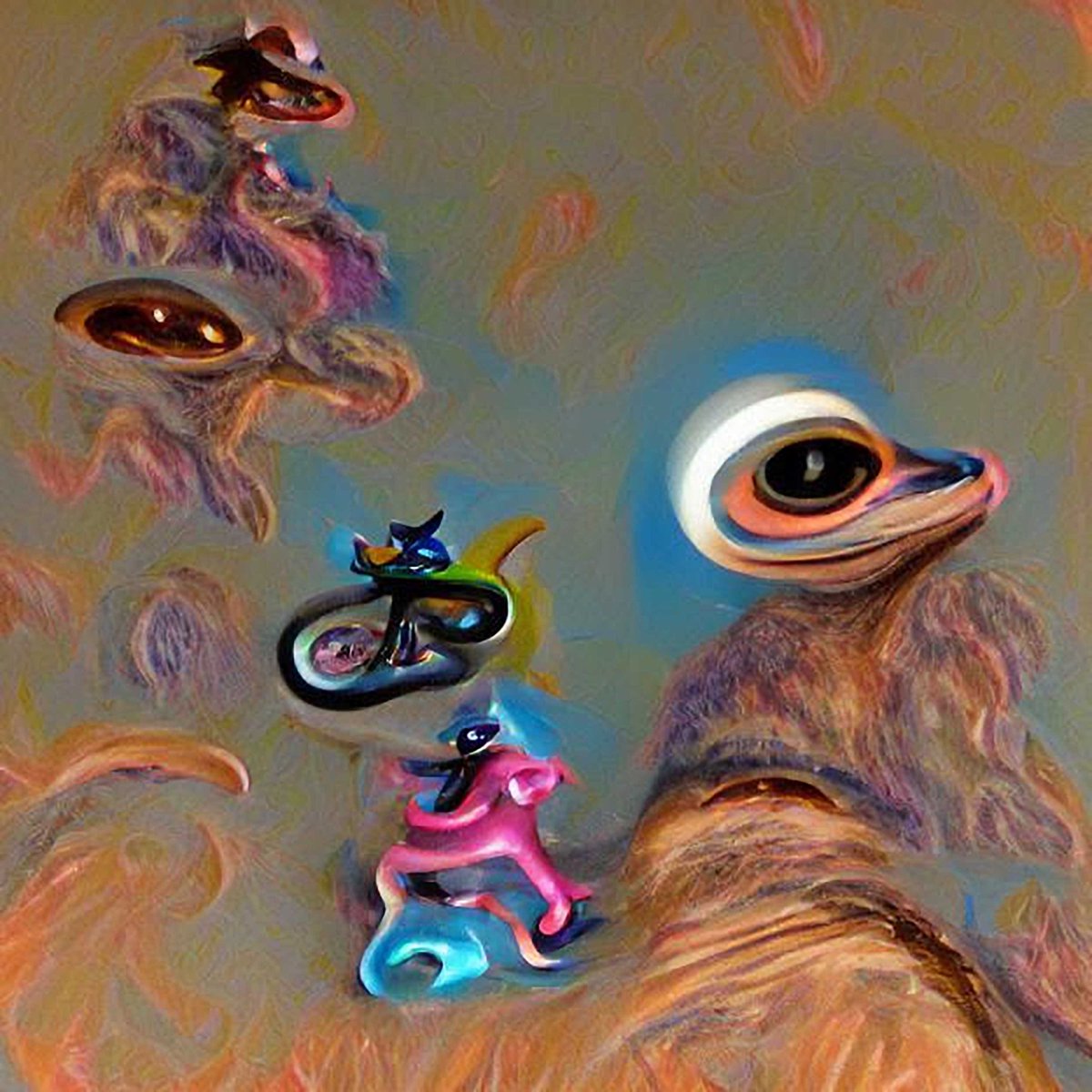 AyeEyeNFT's tweet photo. "a thousand Owls flocking into the darkness of the black hole, Eye of the Viper, cycle of the Universe rests in the steadfast hands of the surefooted cloven clippety-clop Cyclops balancing on Juno’s unicycle"

#NFTCommunity #NFTs #NFT https://t.co/WiIOlVFISb