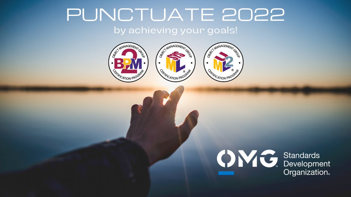 ObjectMgmtGroup's tweet photo. ๐ฅ Make 2022 the year you took control and defined the future you always envisioned. Build your reality today! #OMG #OMGCertifications
BPM: https://t.co/KUsP0Iype5
SysML: https://t.co/6QHNUstfVZ
UML 2: https://t.co/4plkwMLqBw
Voucher Program: https://t.co/OffkfogNGu https://t.co/1PU5BWV7Jt