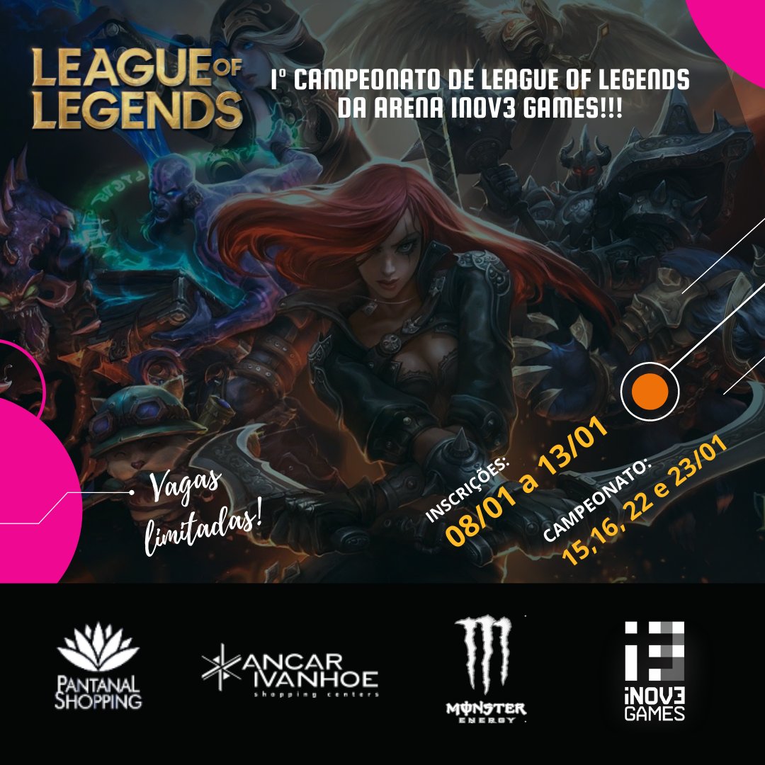 inov3games's tweet photo. Vem ai o 1º Campeonato de League of Legends da Arena Inov3 Games !!! 🧙🏻‍♂️🧝🏾‍♀️🧚🏻‍♀️

O tão sonhado lolzinho chegou, junte seus amigos e venham participar de nosso primeiro campeonato de league of legends. 🕺🏻

VAGAS LIMITADAS !!!  🏃🏻

Link de inscrição em nossa bio. 🖥️

#ArenaInov3Games https://t.co/dy7CkSYHna