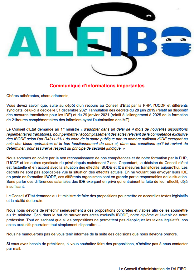 ALEIBO2's tweet photo. Communiqué d’informations importantes
Chères adhérentes, chers adhérents,
Vous devez savoir que, suite au dépôt d’un recours au Conseil d’Etat par la FHP, l'UCDF et différents syndicats, celui-ci a décidé le 31 décembre 2021 l’annulation des décrets du 28 juin 2019 https://t.co/j1VUnPj1fO