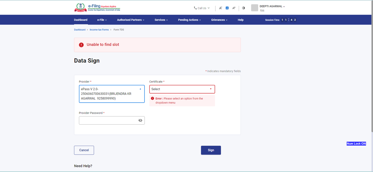 caankit87's tweet photo. @IncomeTaxIndia  error on registering dsc "Unable to find Slot" please give solution for this https://t.co/L4ie2aA4zF
