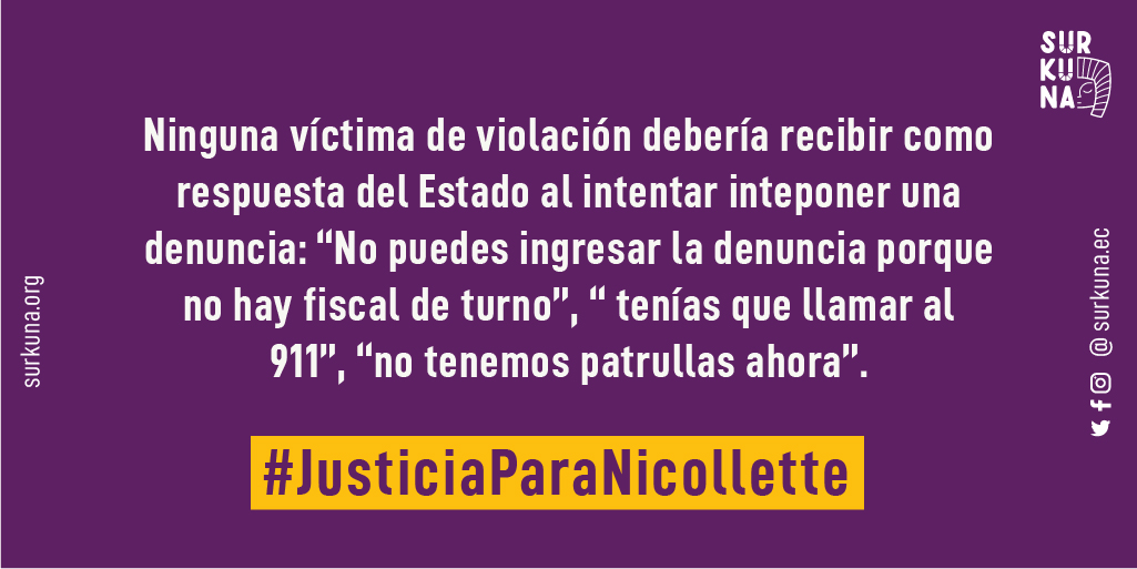 SurkunaEc's tweet photo. Nicollette tuvo que insistir y pelear para que @FiscaliaEcuador al menos le hicieran el examen médico legal en el momento de receptar su denuncia por violación. El Estado tiene la obligación de atender y proteger oportunamente a las víctimas #JusticiaParaNicollette https://t.co/3OgjFTNqn5