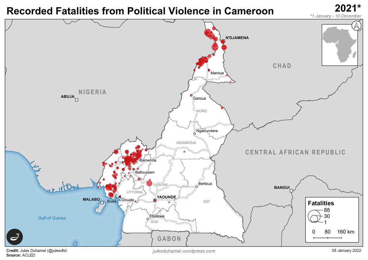 julesdhl's tweet photo. Recorded fatalities from political violence in #Cameroon 🇨🇲 (2019 - 2021*)
*Up to 10 December 2021
Higher resolution available here: https://t.co/lPMw0hpSD6
Source: @ACLEDINFO. https://t.co/oOR4DHz2ES