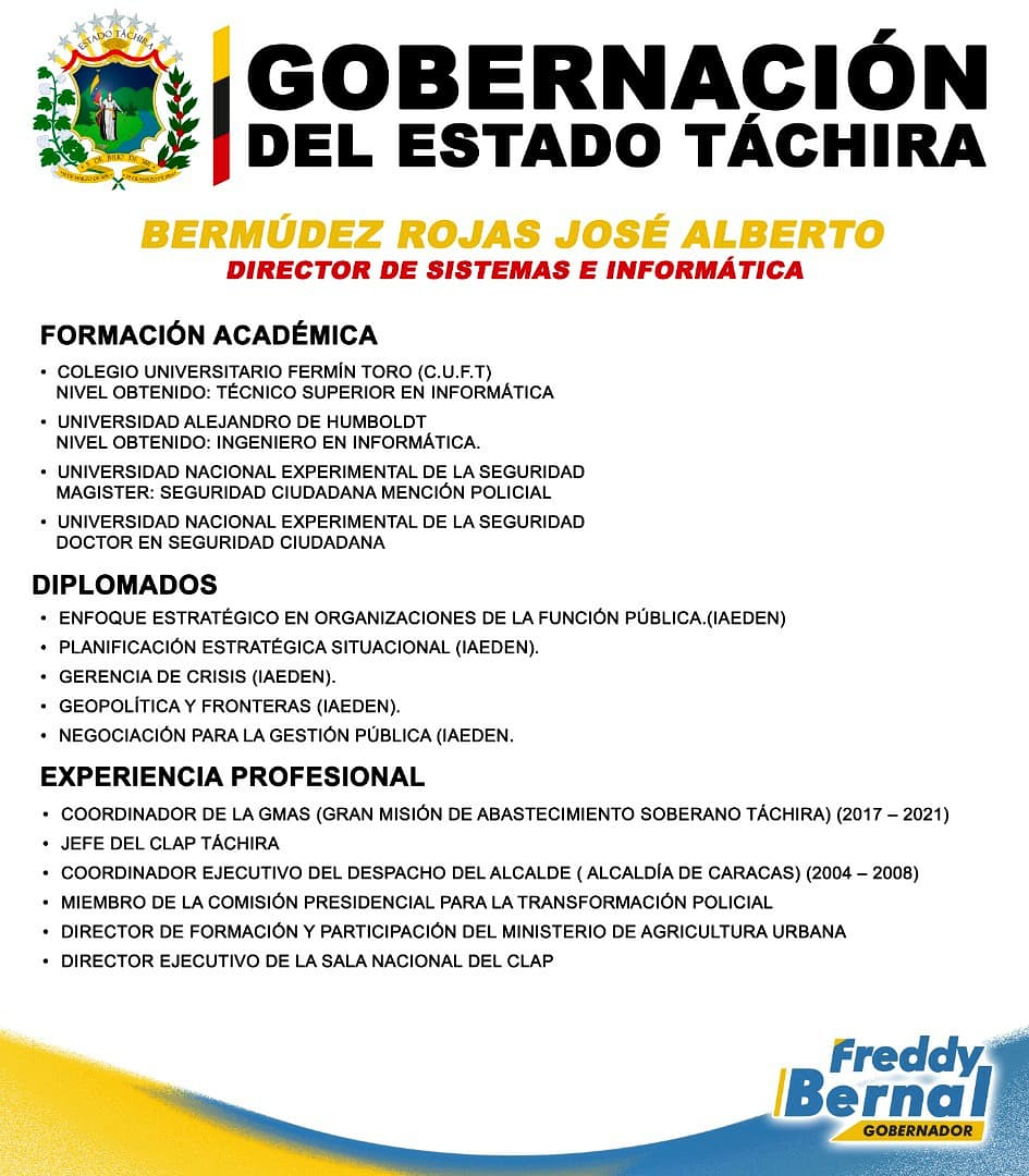 Informo al pueblo tachirense que designé al Ingeniero en Informática y especialista en Seguridad Ciudadana, José Alberto Bermúdez Rojas como Director de Sistemas e Informática de la Gobernación de la entidad.