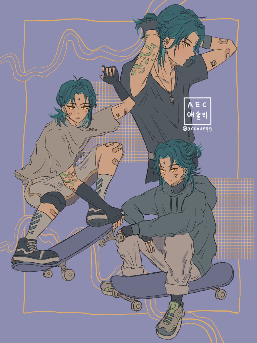 魈|ショウ(原神) 「He was a skater boy 🛹 

#原神 #Xiao #Gens」|Ashley • 애슐리のイラスト