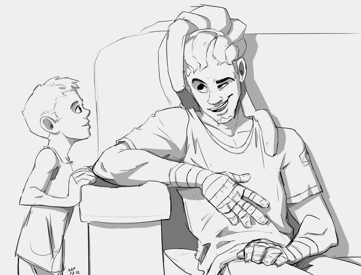 RedDogThing12's tweet photo. "Were you outnumbered?"

"Not really; there were only ten of them."

Lucio is visited by one of the neighborhood kids after some daring-do. https://t.co/d2hQ9QBRzV