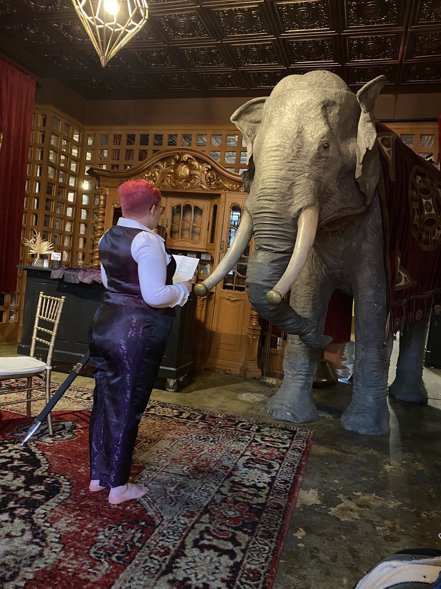 captaindadly's tweet photo. It'll be a month before we get the professional photos so to tide everyone over here's a picture of me reading my vows to an elephant https://t.co/eb4lrJYYTg