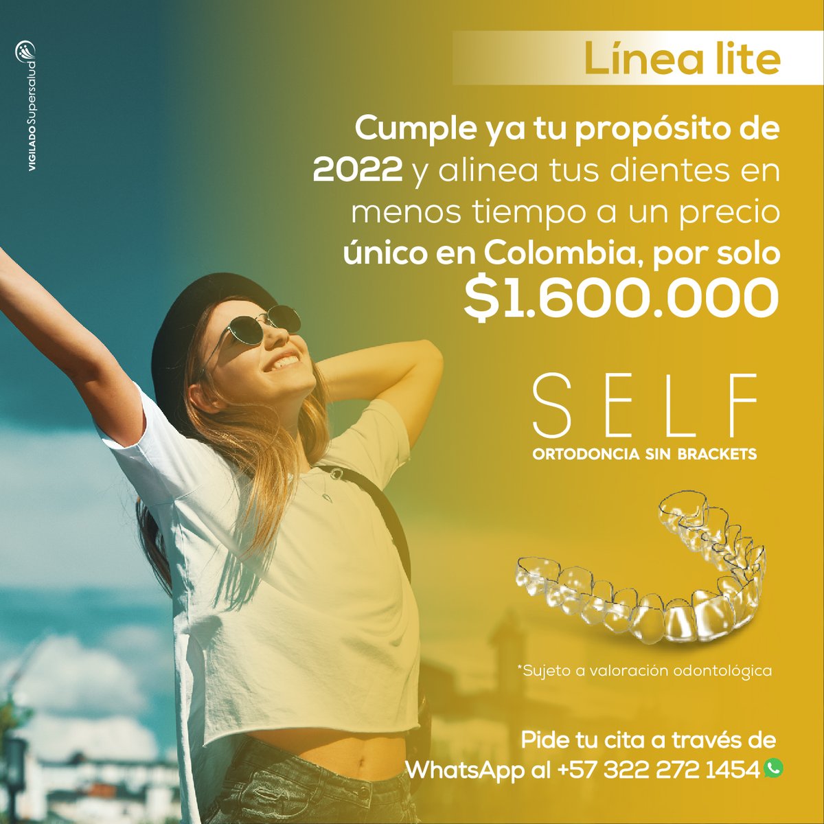 ¡Ahora la ortodoncia sin brackets está a tu alcance con #SelfLITE, un tratamiento 100% virtual y por solo $1.600.000! 🦷🤑

Sé parte de este viaje, llamando al +601 918 70 00 ☎ o escríbenos por WhatsApp al +57 322 272 1454 ✅.

*Sujeto a valoración odontológica* 👀