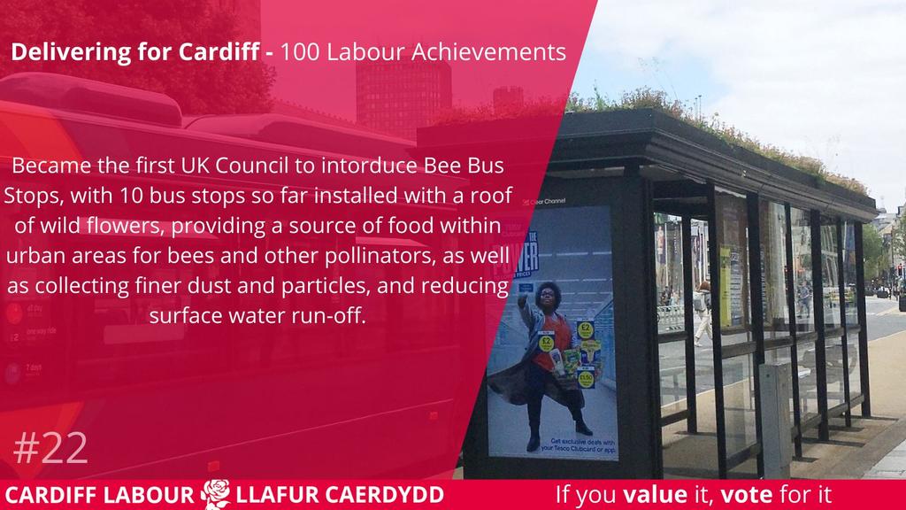 HuwThomasMS's tweet photo. #22 on our list is a small but important one - much like bees! Our Bee Bus Stops (bus stops with wildflowers planted on the roof) were the first in the UK, and are an important urban source of food for bees and other pollinators, and also help remove particulates from the air. https://t.co/4x3z3ZSZd8
