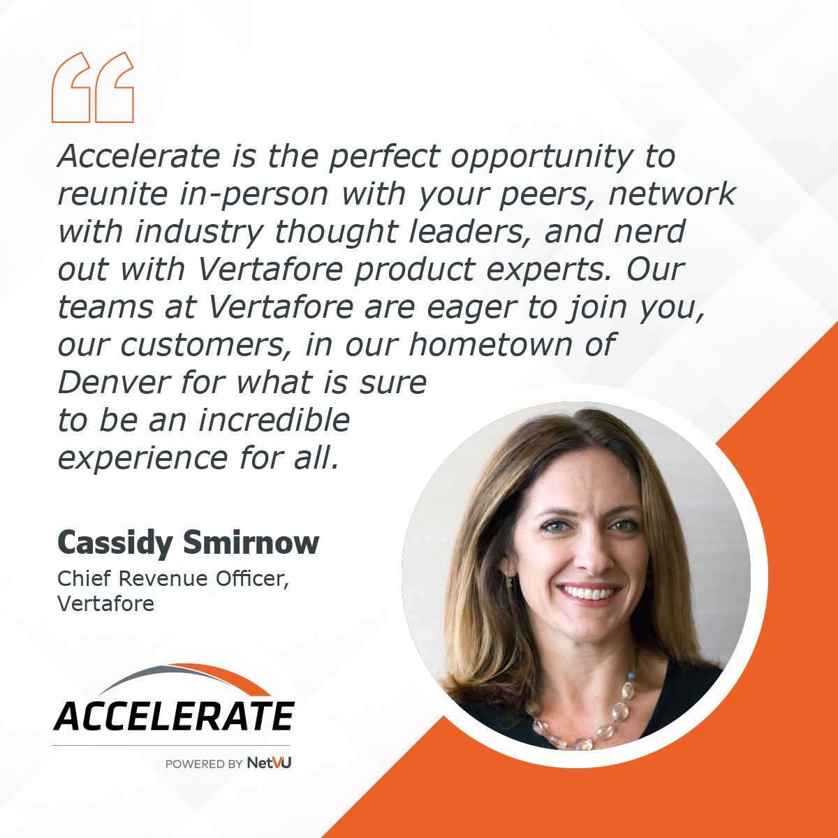 Vertafore's tweet photo. Accelerate, by NetVU, is just around the corner! We're excited to be hosting this year's event in our corporate hometown of Denver, CO. Register here: https://t.co/6cELiuJApR #insurtech #insurance #NetVU #conference https://t.co/IQC2O3rOd8