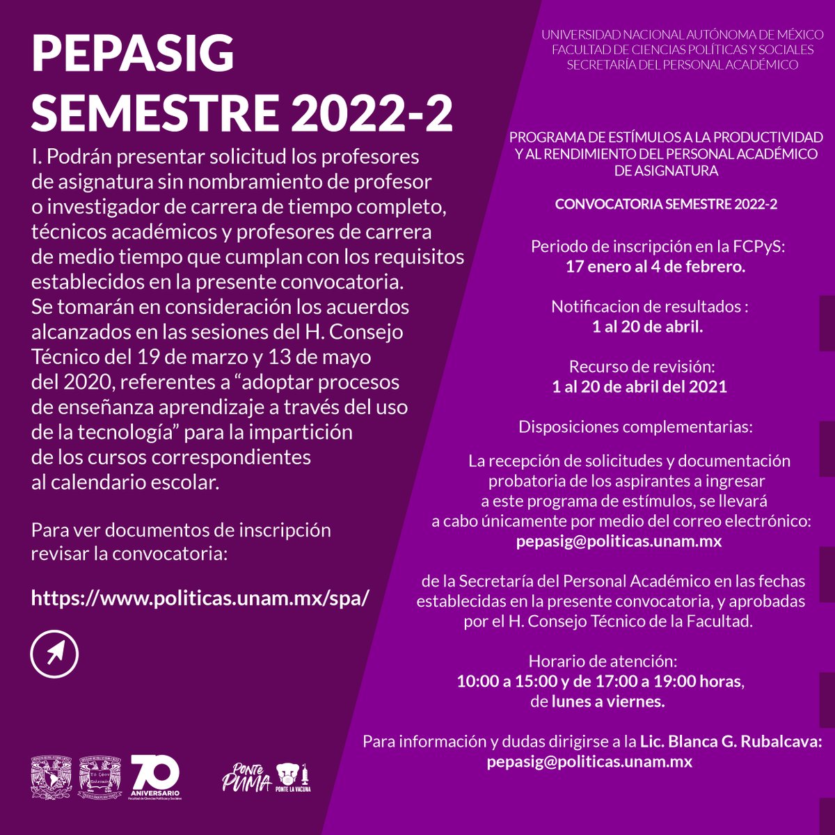 UNAM_FCPyS's tweet photo. Programa de Estímulos a la Productividad y al Rendimiento del Personal Académico de Asignatura
PEPASIG Semestre 2022-2
Convocatoria https://t.co/DAsvJ71pep
Dudas e información pepasig@politicas.unam.mx
|| #PEPASIG #SPA #UNAM https://t.co/f16VaHyU0W