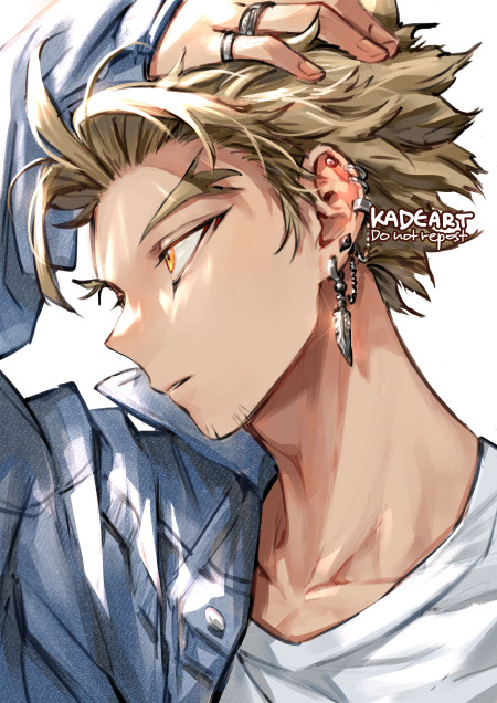 hawks (boku no hero academia) jewelry male focus 1boy blonde hair earrings solo facial hair  illustration images
