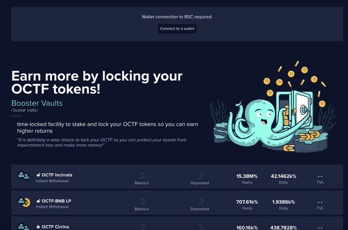 Learn more about Octa's Booster Vaults:

octafarmfi.medium.com/introducing-oc…

App : app.octafarm.fi

#BSC #Binance #autocompound #YieldFarming #YieldAggregator #BNB #BinanceSmartChain