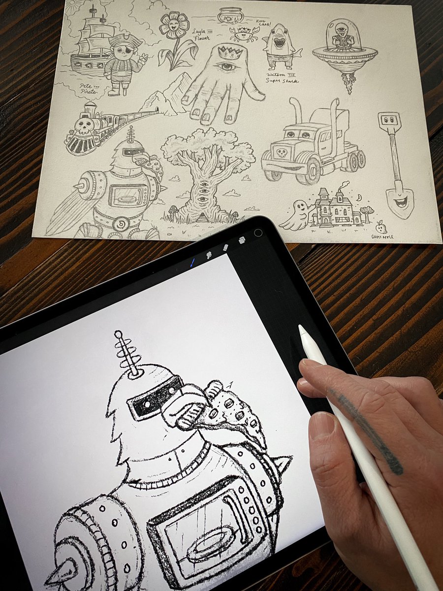 ScottyD_Russell's tweet image. In honor of @PeterDeltondo of @DroniesNFT being on the podcast this coming Wednesday...

It's time to ink this sketch... I'll share some WIP shots along the way.

PS - This is Regie the Robot Bird from my son's nightly stories characters. 🤖🐦