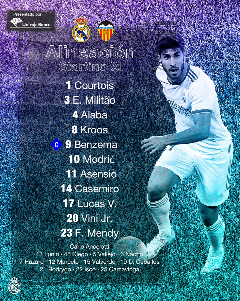 realmadrid's tweet photo. 📋✅ ¡Nuestro 𝗫𝗜 inicial 🆚 @valenciacf! 
@UnicajaBanco | #RealMadridValencia https://t.co/6f8dfMms8X