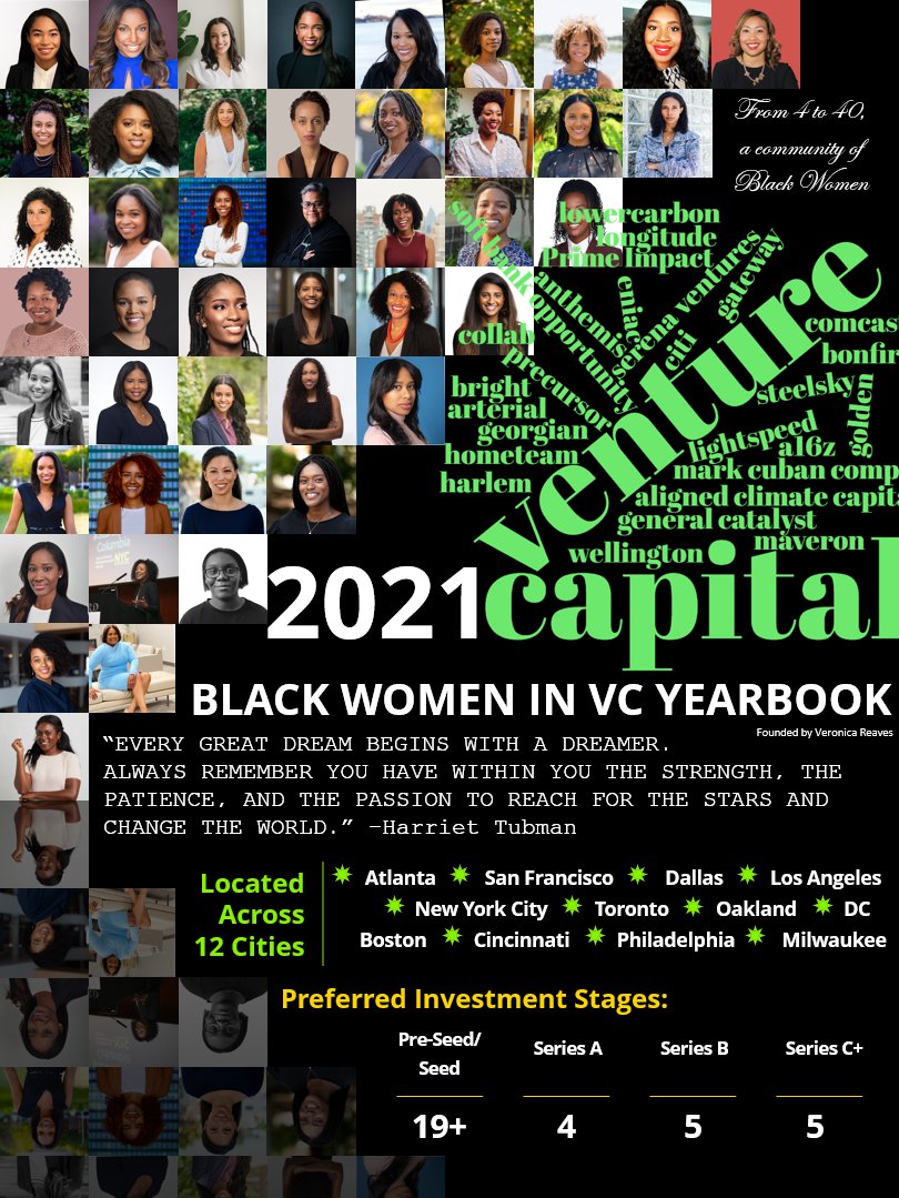 When I started in VC there was no community for Black Women investors. So I started one! In little over a year we went from 4 to 40+! Excited for what's to come in 2022 for Black Women in VC (BWiVC)!

Interested in joining/connecting, DM me or any of the women👇🏾! #BWiVC