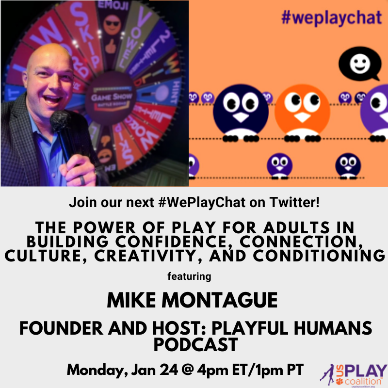 USPlayCoalition's tweet photo. We are thrilled to bring Michael Montague from the @PlayfulHumans #Podcast to our #WePlayChat main stage here in January to talk about the Power of #Play at the 5 C's.👇 https://t.co/gfbGfGRBPJ