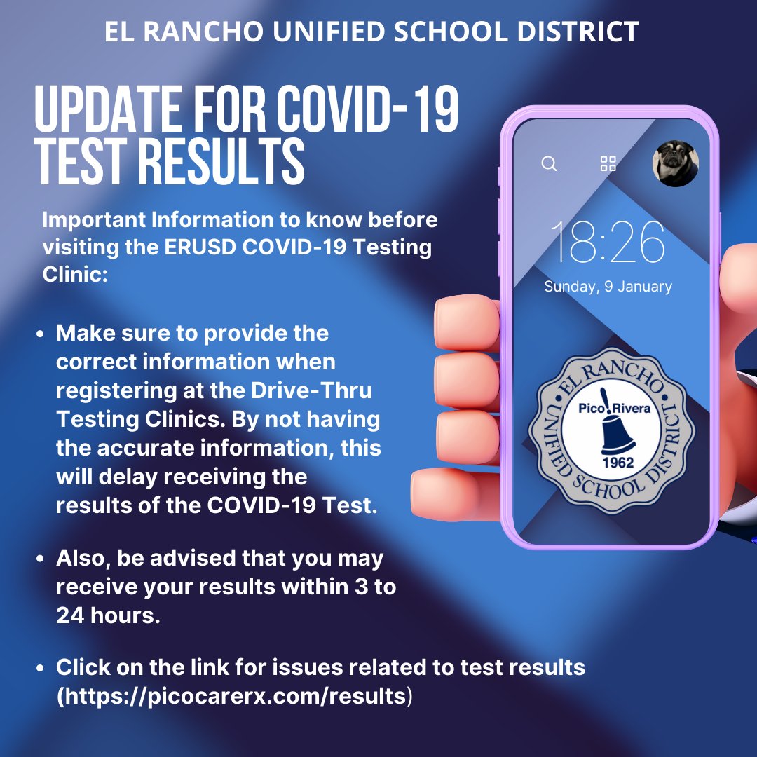 Please note that Pico Pharmacy will be closed today and they will be focused on supporting the ERUSD COVID-19 Testing Clinics. 

Link for test results: picocarerx.com/results

Thank you for your time. Let’s continue to stay safe, stay healthy, and stay El Rancho STRONG!