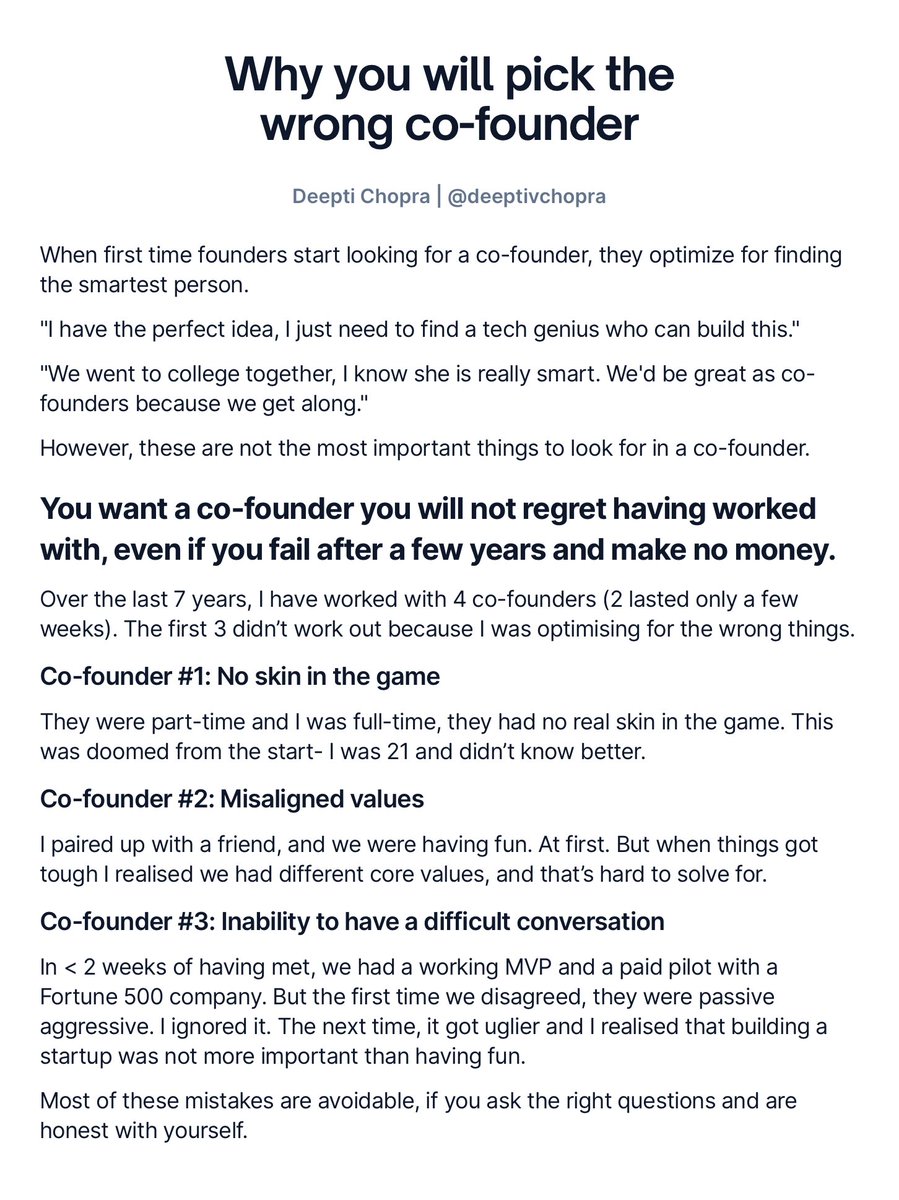 deeptivchopra's tweet image. I have a great co-founder now, but I’ve made all the rookie mistakes previously.

• #1: No skin in the game
• #2: Misaligned values
• #3: Inability to have a difficult conversation

If you’re currently in search of a co-founder, you might like this. 👇
