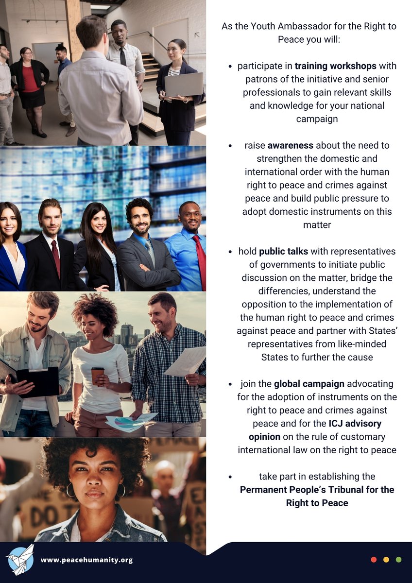 p_peacehumanity's tweet photo. 💡Become the #YouthAmbassador for the #RighttoPeace in a 🌍global #advocacy programme aimed at strengthening the legal frameworkon the human right to #peace and crimes against peace⚖️

👉Learn more here: https://t.co/RIEwKJD9tG

#humanrights #justicematters #StandUp4Peace https://t.co/osauFxmWiX