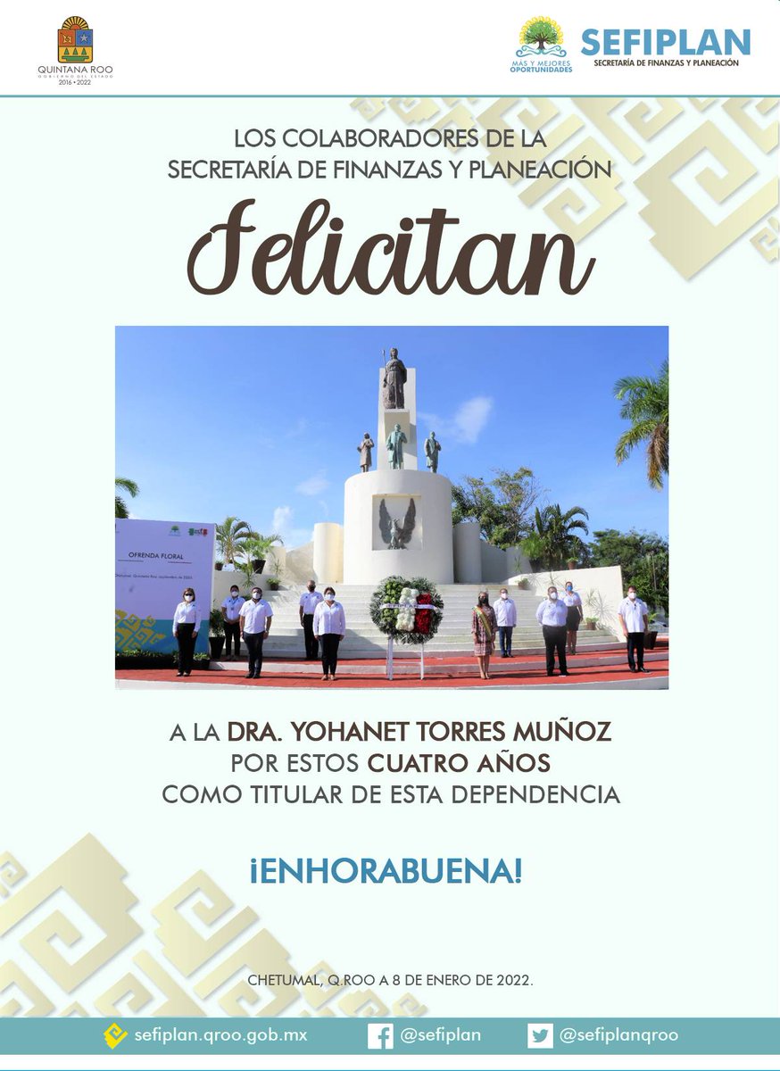 Sefiplanqroo's tweet photo. Las y los colaboradores de la #SEFIPLAN felicitan a su titular @yohanet_torres por cumplir 4 años de lograr metas y objetivos al frente de nuestra dependencia. Muchas felicidades y que sigan los éxitos. 🥳🎉 https://t.co/zeBG5i9kE0