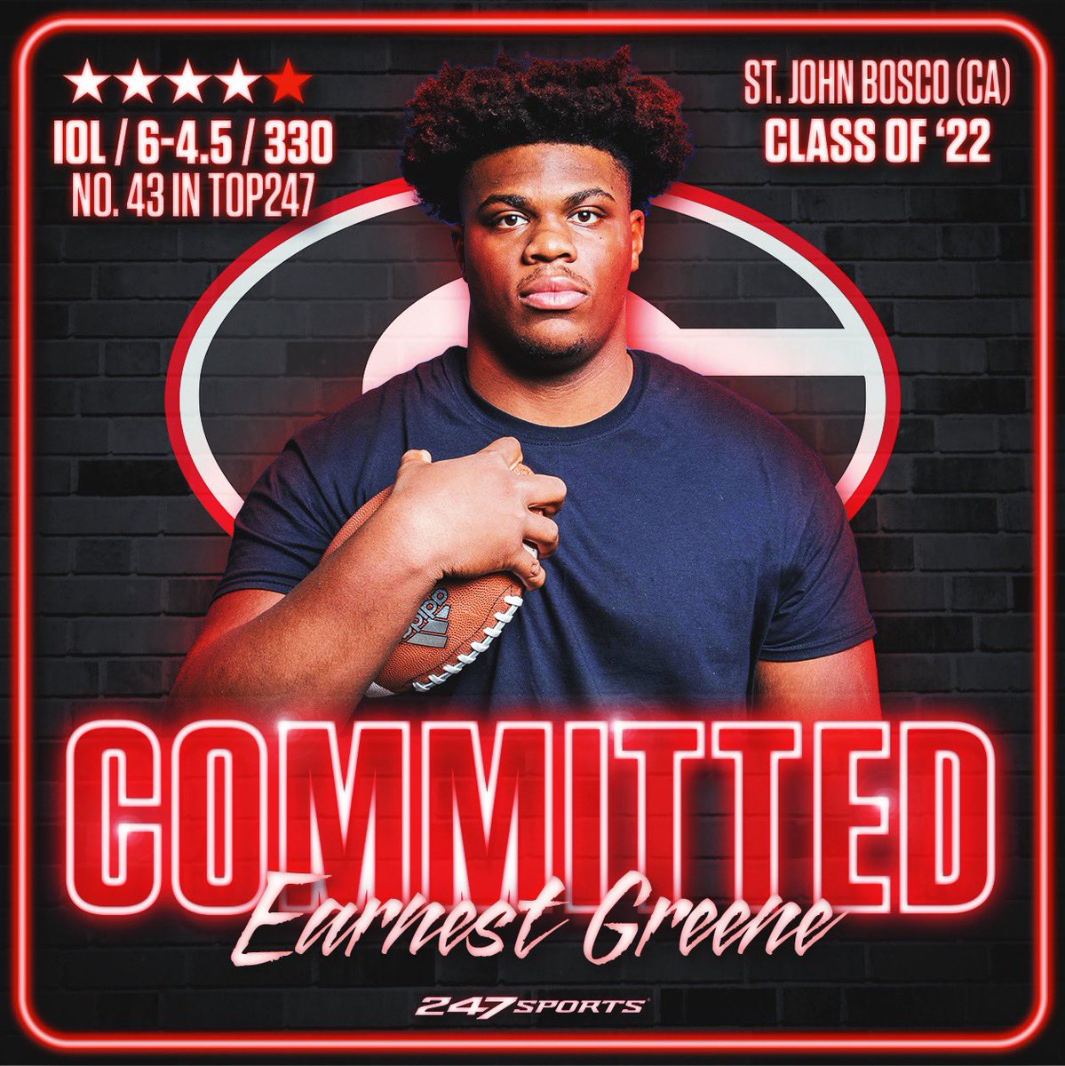 #BREAKING: 4⭐️ offensive lineman Earnest Greene has committed to <a href="/GeorgiaFootball/">Georgia Football</a> at <a href="/AABonNBC/">Navy All-American Bowl</a>. 

Greene adds to Georgia’s No. 3 ranked class in 2022. 🐶

247sports.com/Article/Earnes…