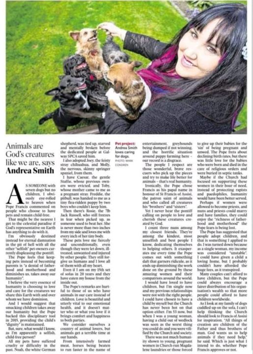 AnimalPartyIE's tweet photo. "His remarks were hurtful to those of us who have animals in our care instead of children."
ANDREA SMITH gives Pope Francis his answer in yesterday's Irish Independent.
#AndreaSmith #PopeFrancis @Independent_ie #animalspope https://t.co/8S7oupX74p